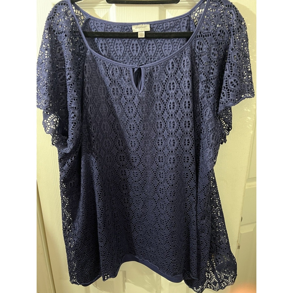Avenue Plus Size‎ 3X Blue Lace Over Lay  Short Sleeve Top Blouse